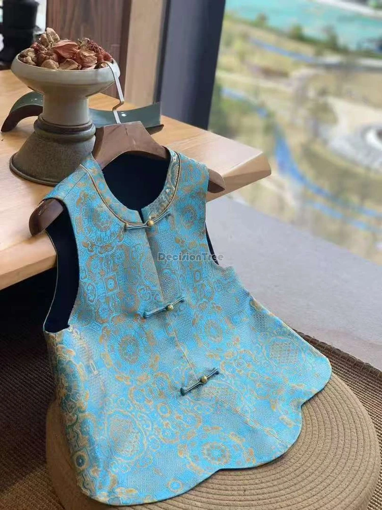 

2025 new chinese ancient retro style jacquard waistcoat for women autumn sleeveless cheongsam button casual tang suit blouse t01