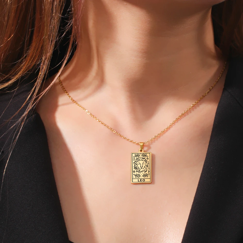 Skyrim Zodiac Women's Neck Chain 12 Constellation Vintage Stainless Steel Square Pendant Necklaces Leo Gemini Taurus Scorpio
