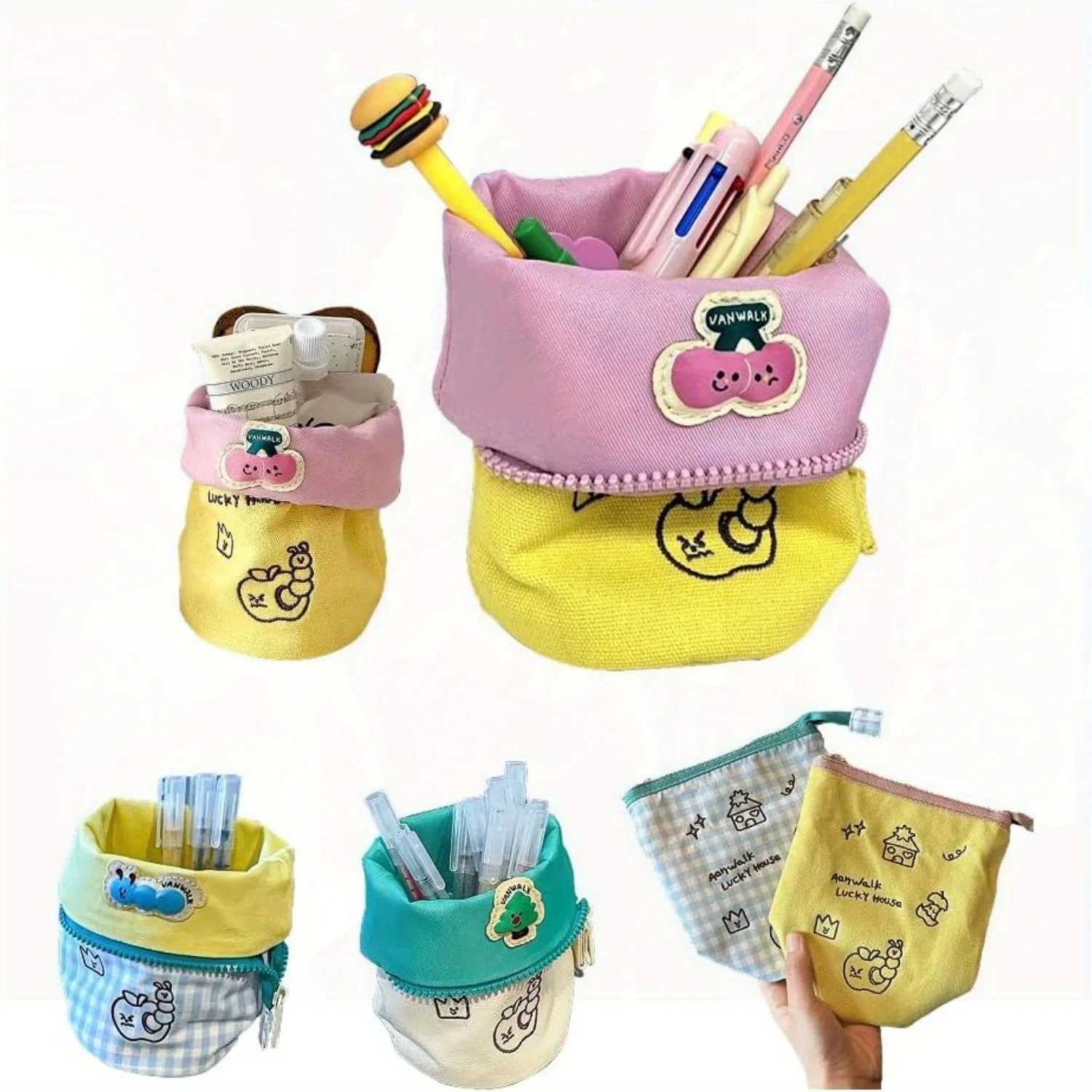 Large Vertical Pencil Case with Flip Cover and Embroidery - Creative Stationery Storage Multifunctional Back To School Supplies