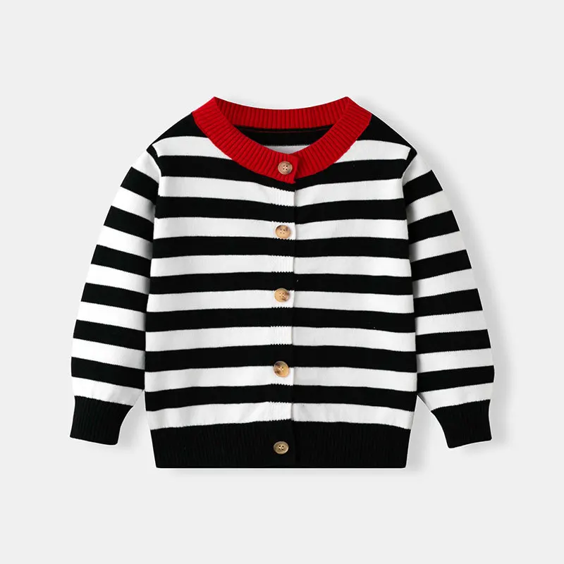

New Spring Children's Pure Cotton Black White Striped Sweater Jacket for Boys, Girls & Babies - Knitted Cardigan Outerwear