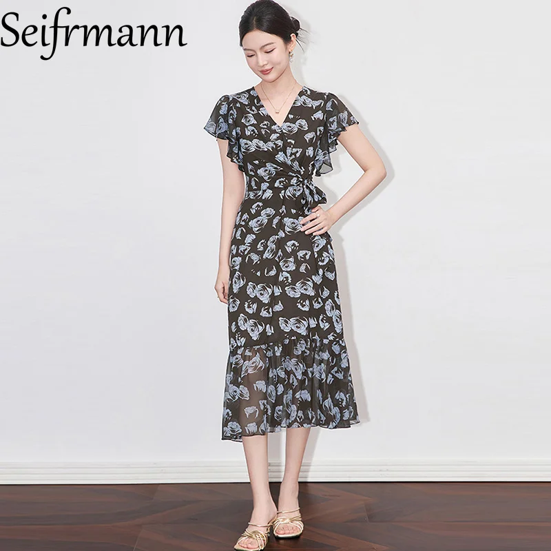 Seifrmann V คอแขนผีเสื้อโบว์ชุดลําลองสตรีพิมพ์ลายดอกไม้ Slim-Fit Elegant Beach Party ชุดเดรสฤดูร้อน