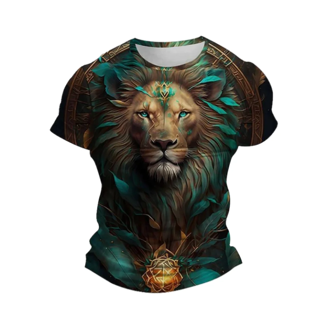 

3D lion T-shirt men's short-sleeved summer outdoor sports round neck tops animal print Oversize casual men's clothing T-shirt