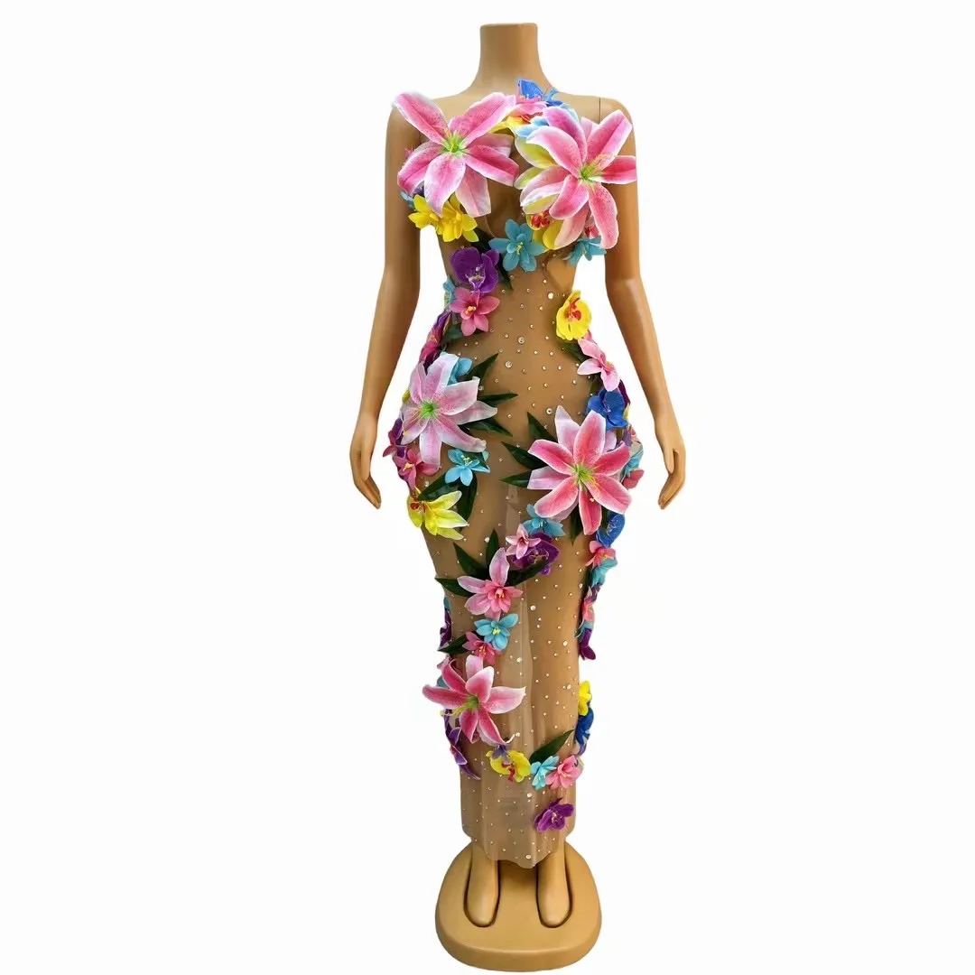 

Sexy Colorful Big Flowers Transparent BikiniDress Women Dancer Show Stretch StageCostume Outfit Evening Prom Party Biniki C259