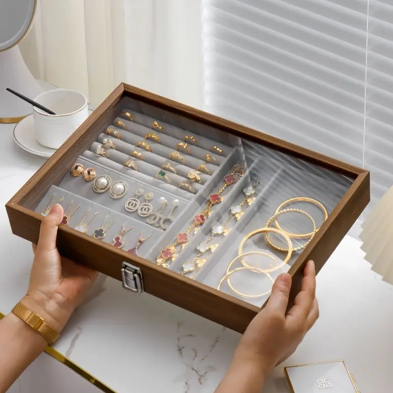 Jewelry Organizer Box Wooden with Glass Lid Anti-Dust, Storage Containers for Necklace Bracelet Ring Earrings, Home Display Case