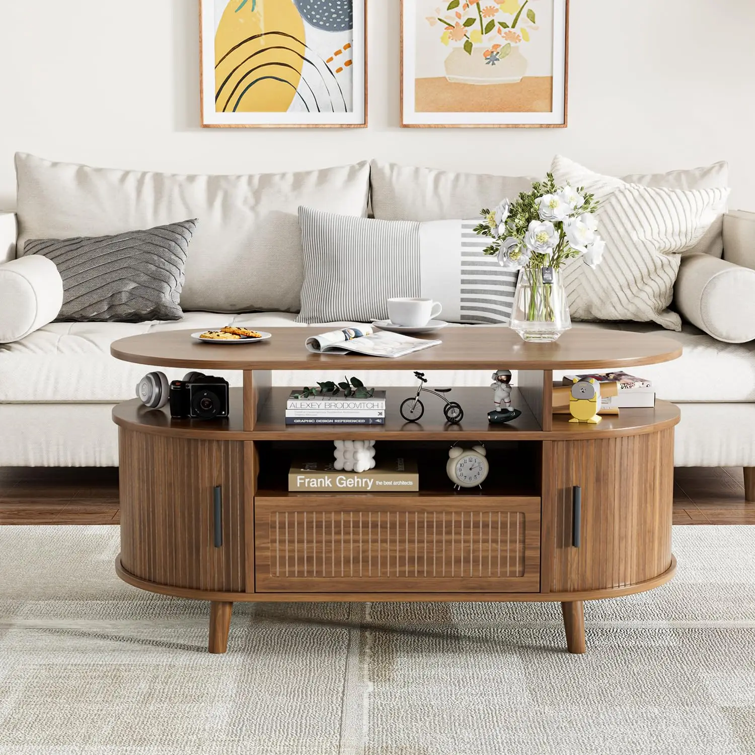 

Oval Coffee Table with Storage, 39" Fluted Coffee Tables for Living Room, Center Table with Tambour Doors, Walnut, Customized