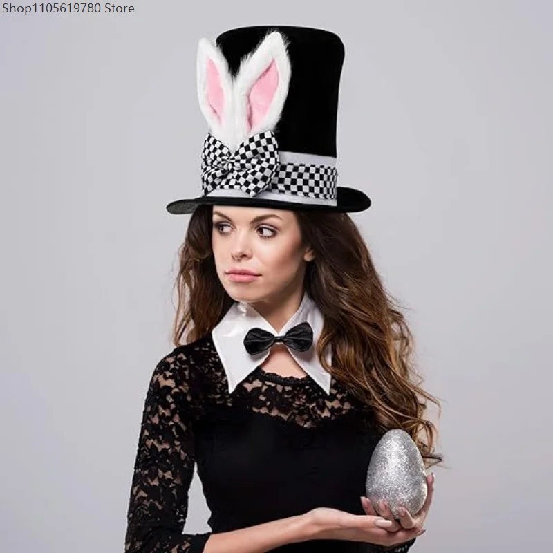 Unisex Adult Cosplay Top Hat Decorative Plush Rabbit Ears Checkered Bow Accent Headwear For Halloween Costume Accessory 2026 6