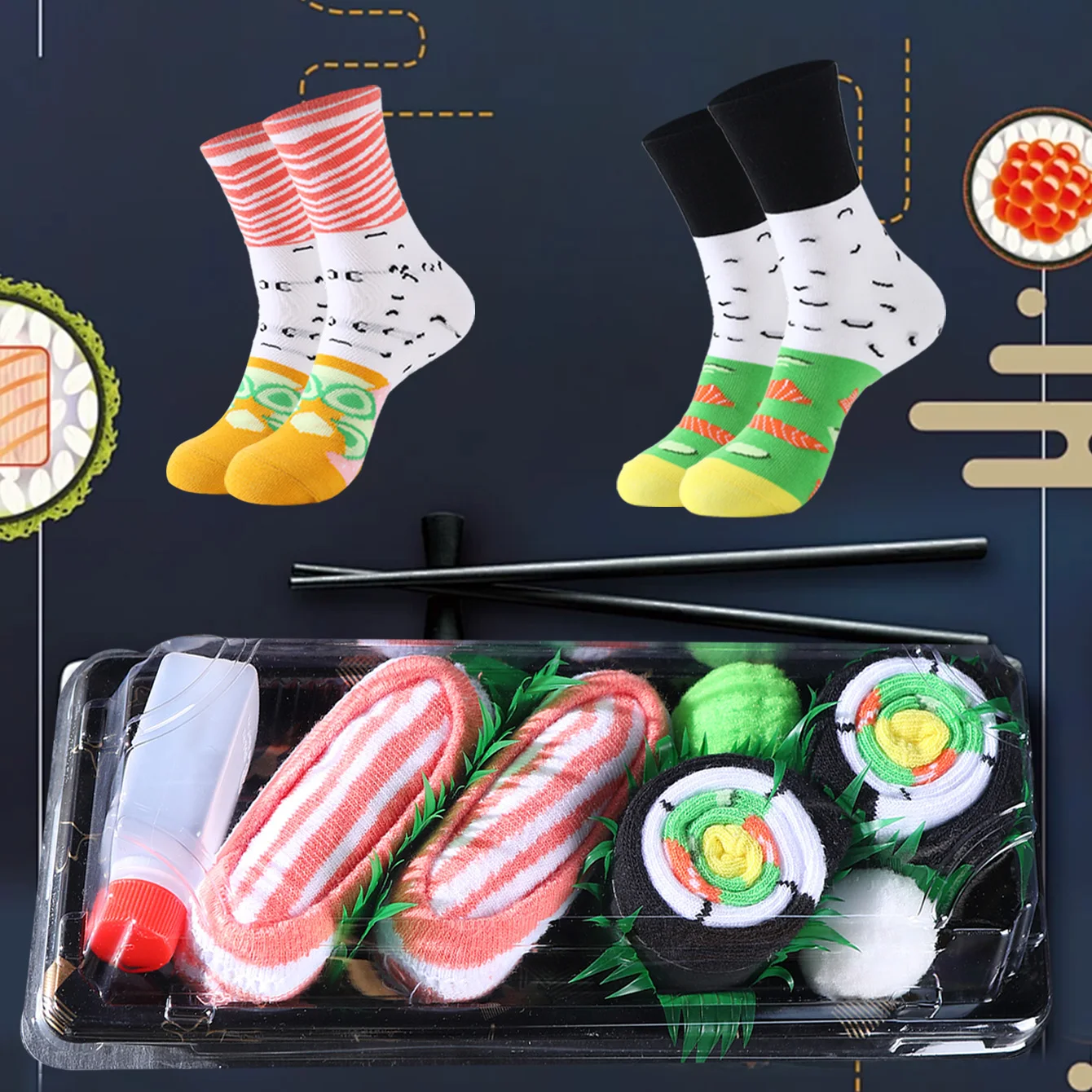 2 Paar mittelhohe Socken für Männer und Frauen, neuartige und lustige bunte Lachs-Sushi-Geschenkbox-Socken, europäische und amerikanische Mode, trendiger Stil, bequem und atmungsaktiv, Party-Casual-Neuheitsgeschenke, Valentinstag, Weihnachten, Weihnachtsmann, Herbst- und Winterstile, ganzjährige Socken, süße und lustige Socken