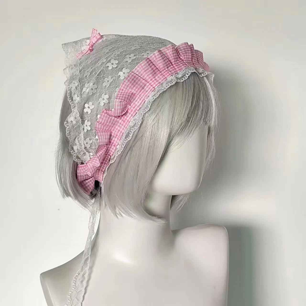 

Women's Lolita Scarf Kawaii Sweet Style Square Pink Grid Triangle Scarf With Flower Lace Bowknot Hair Accessories