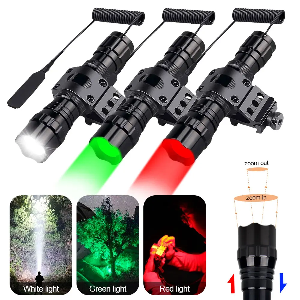 

LED Tactical Hunting Flashlight Green/Red/White Zoomable Waterproof Weapon Gun Light+Rifle Scope Mount+Switch+18650+Charger