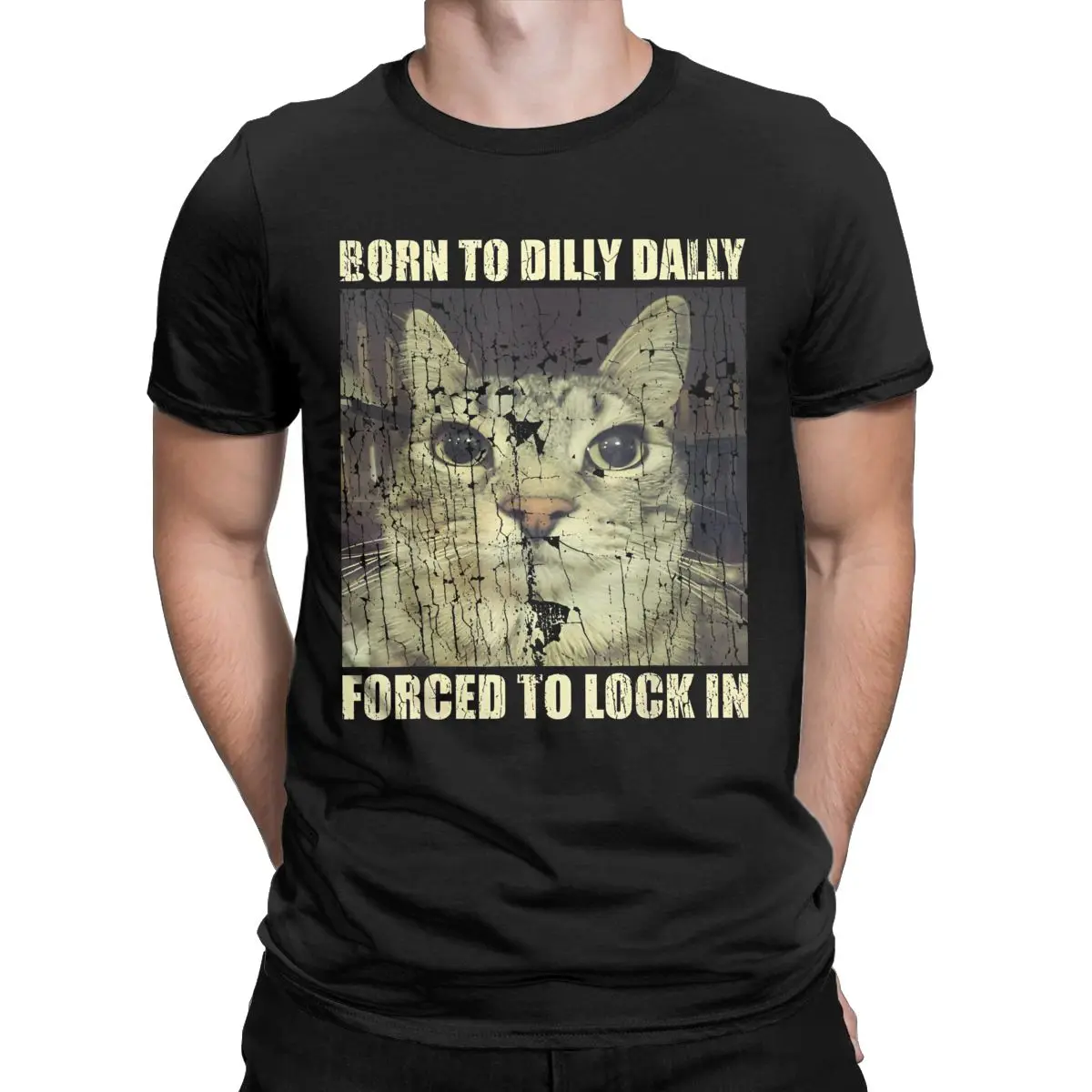 T-Shirt da uomo Born To Dilly Dally forzato a bloccare In Cat Funny Cotton Tee maglietta carina a maniche corte girocollo abbigliamento grafico