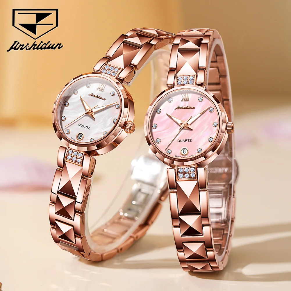 

JSDUN 8988, женские часы со швейцарским механизмом, роскошные розовые водонепроницаемые часы из вольфрамовой стали, HD-календарь, элегантные женские кварцевые часы