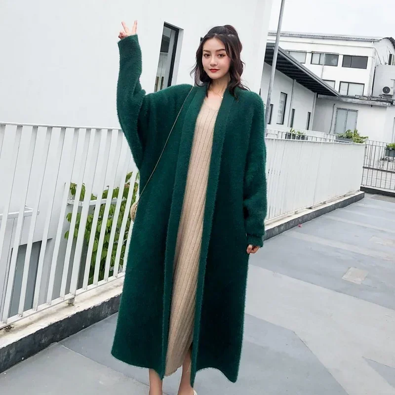 Autumn Winter Women Cashmere Long Cardigan Fashion Loose Casual Oversized Sweaters Green Jacket Soft Wool Warm Knitted Coats