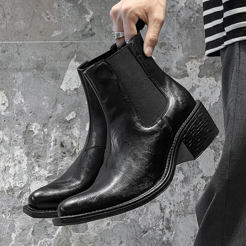 أحذية تشيلسي عالية الحجم للرجال على الموضة من Punk Rock باللون الأسود والبني سهلة الارتداء أحذية رعاة البقر الأصلية من الجلد مصممة للكاحل