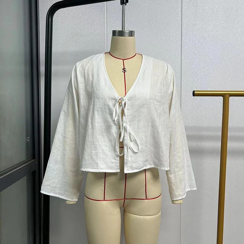 H.Aic-Camisa de linho com renda para cima feminina, oca, decote em v, blusas de manga comprida, monocromáticas, tops femininos com todos os