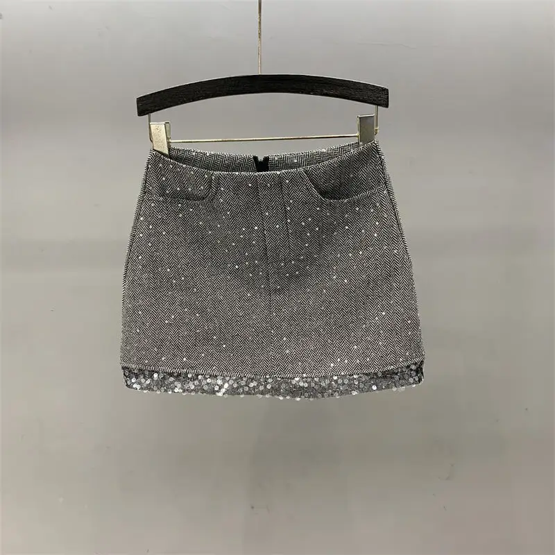 

Elegant A Line Summer Mini Skirts Women Fashion Sequined Above Knee Skirt Black Gray Pockets Zipper Slim Package Hip Sexy Skirt