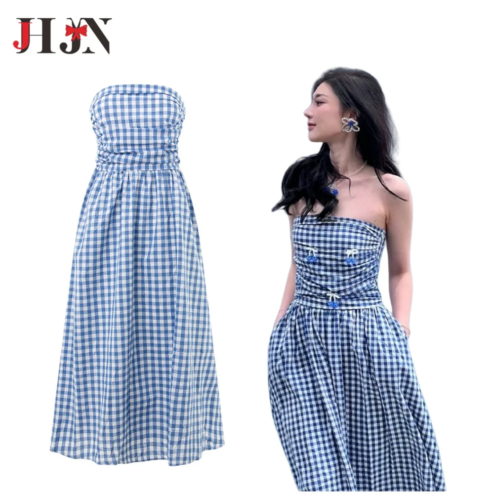 French Women Dress One Shoulder Tops Strapless Frock Female Summer Slim Fit Dress Blue And White Plaid Skirt Summer Hot Selling