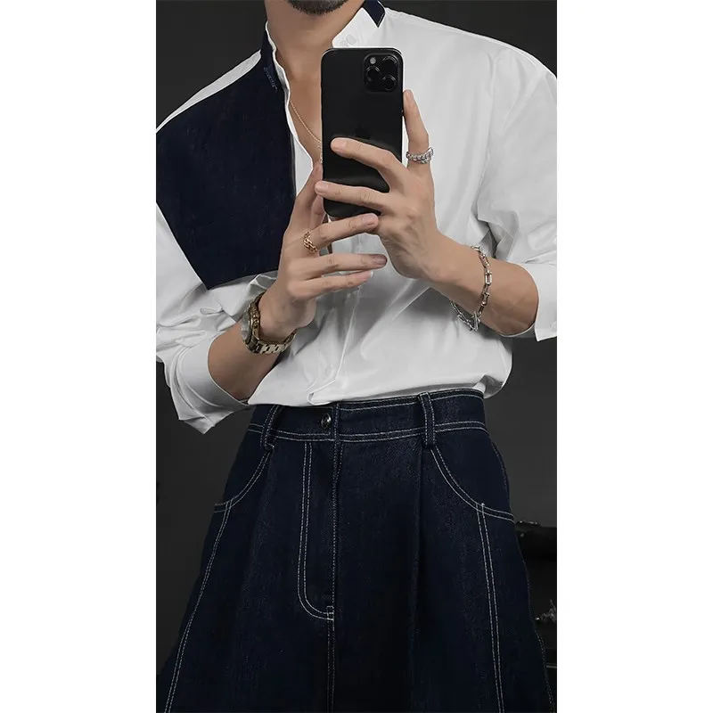 

Loose Long Sleeve Denim Patchwork Shirt Vintage Design Casual Summer New Style Men's Standard Fit PU Leather One-piece Velvet