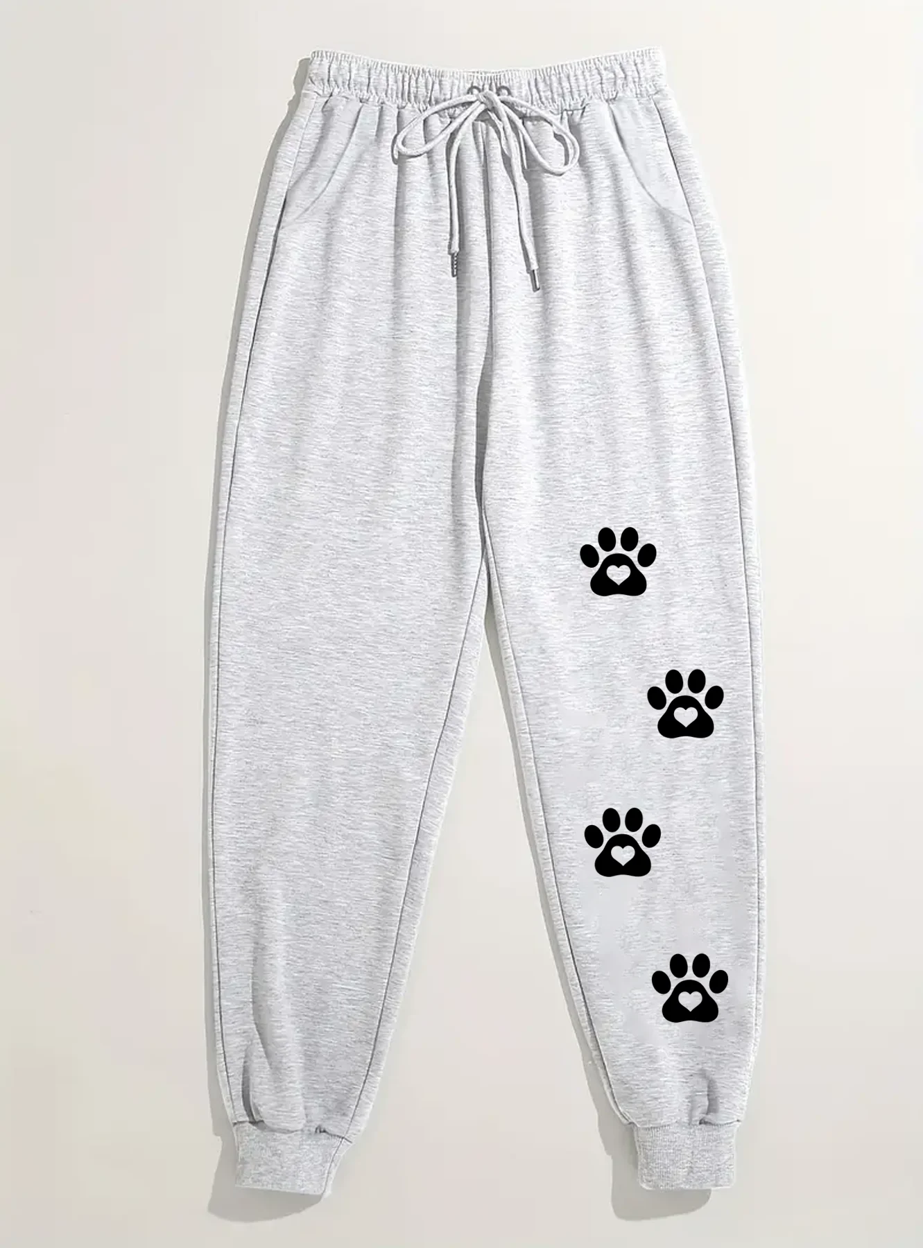 Dog paw printed solid color jogging pants, high waisted casual daily pants with lace up front, women\'s clothing
