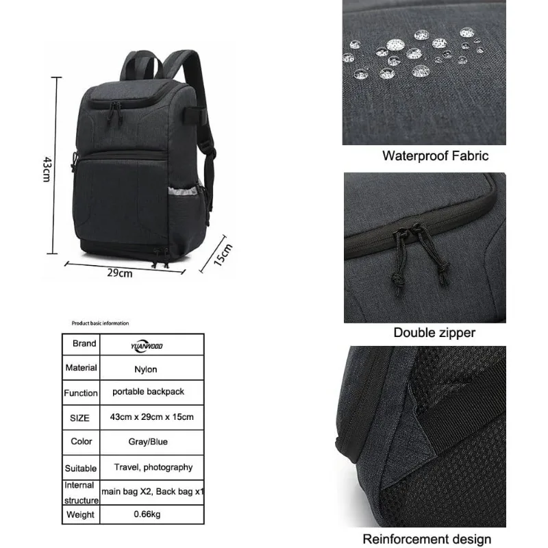 Camera Bag Travel Business Large Capacity Camera Case with Rain Cover Backpack Shoulder with 15in Laptop Compartment  Tripod