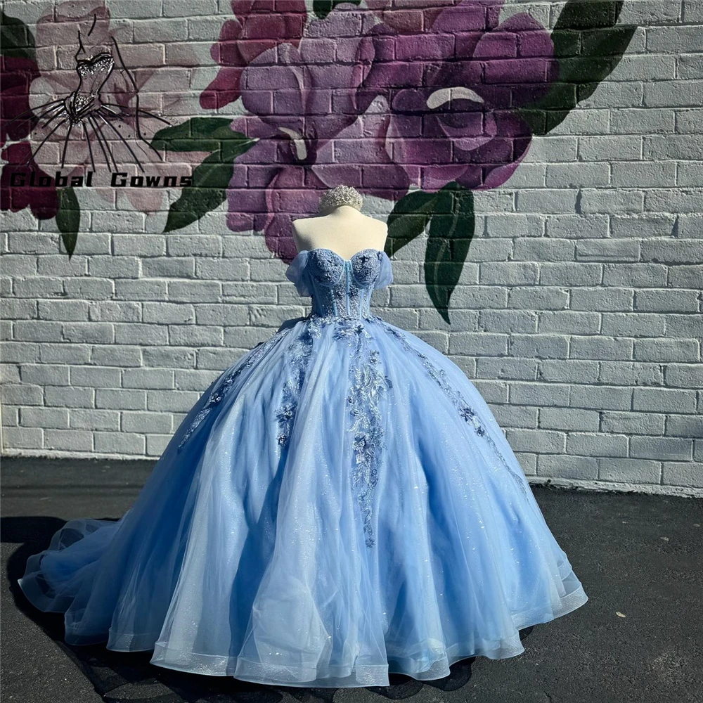 Mexico Blue Off Shoulder Ball Gown Quinceanera Dress For Girls Beaded Appliques Birthday Party Gowns Prom Sweet 16 Customized