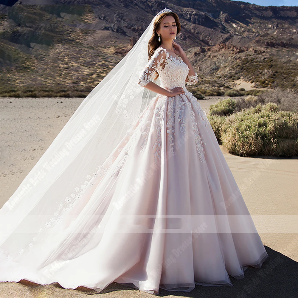 Elegantes vestidos de casamento para mulheres, apliques de renda, vestidos de casamento princesa, mangas compridas personalizadas, querida