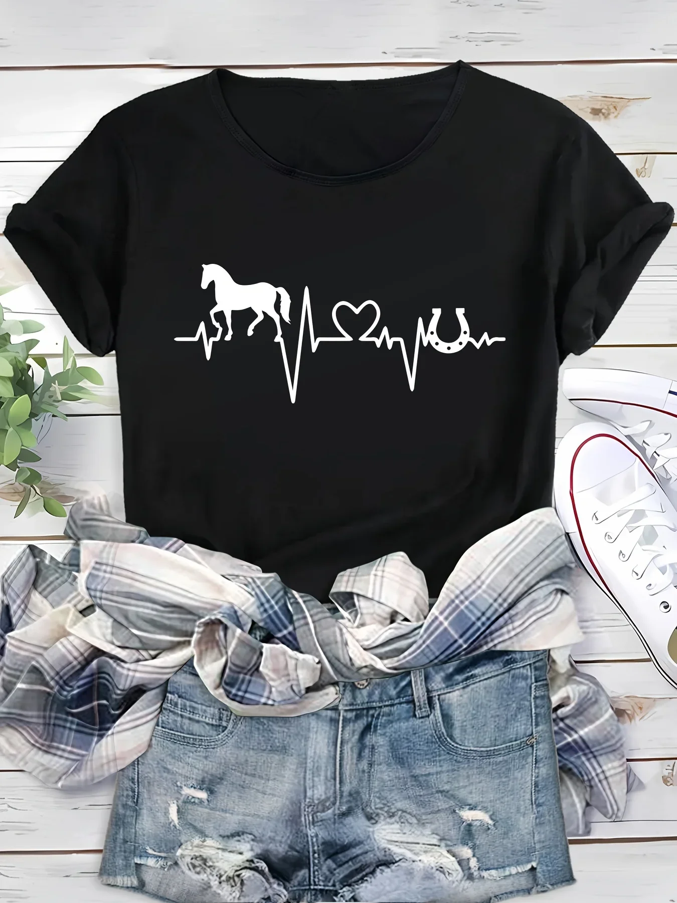 Valentine\'s Day Horse & Heart Letter Print Crew Neck Women\'s Short Sleeve Sports T-shirt Vintage Women Clothing