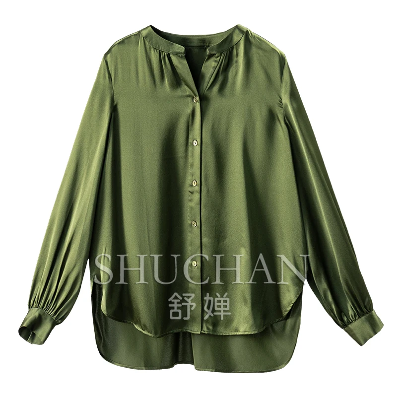 

Delicate Commuter Designer Heavy Silk Satin Stand-up Collar Long-sleeved Shirt Women 02F5 Blusas Femininas Com Frete Gratis