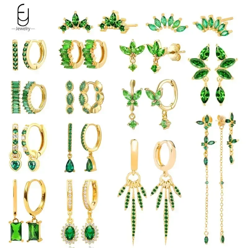 925 Sterling Silver Needle Green Zircon Gold Earrings Heart Hoop Earrings for Women Delicate Stud Earrings Luxury Jewelry Gifts