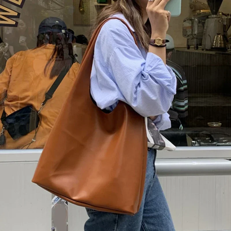 

Casual Women Shoulder Bag PU Leather Tote Handbag Winter Shopping Bags Soft Leather Lady Purse Bags High Capacity Totes