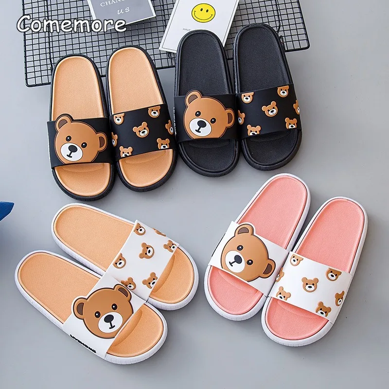 Comemore Summer Home Slippers Woman Indoor Fashion Non-slip Women\'s Sandals Couples Cartoon Bear Beach Soft Slipper Flat Shoes