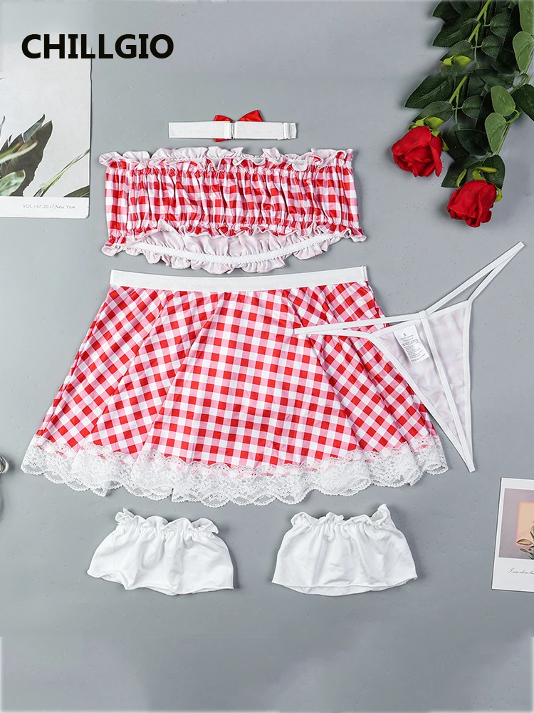 CHILLGIO النساء الأحمر شبكة تنورة مجموعة موضة بلوزات حمالة مثير ثونغ خادمة تأثيري المثيرة الملابس الداخلية مثير الكبار لطيف موحدة الصدرية مجموعة