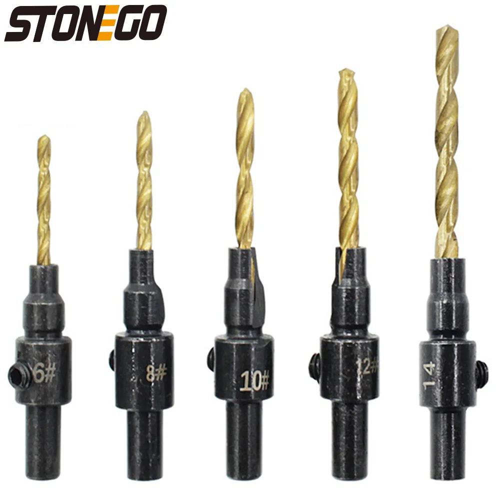 STONEGO 5-Piece Woodworking Countersink Drill Bit Set - Perfect for Drilling Pilot Holes for Screw Sizes #6 #8 #10 #12 #14