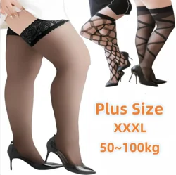 Plus size sexy coxa joelho meias lingerie feminina transparente alta elástica náilon renda meia mulher fishnet