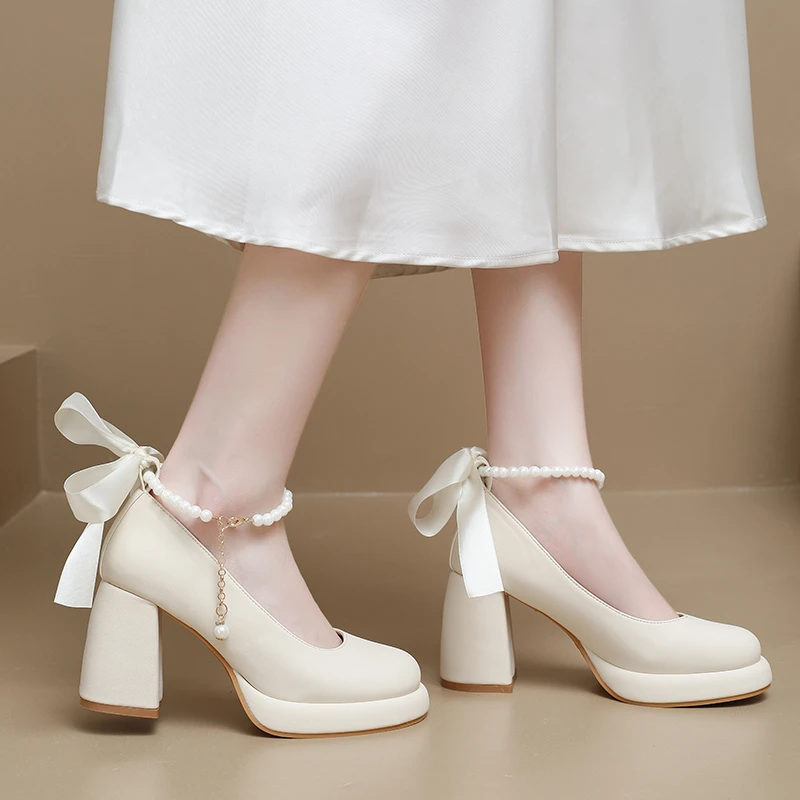

Pearl Ankle Strap Thick Heel Women Mary Jane Shoes Fashion Party Dress Shoes 2026 New Spring Ladies Outdoor Elegant Dress Pumps