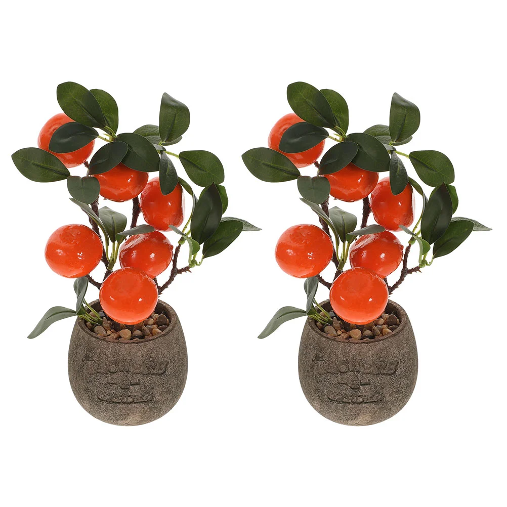 

2 Pcs Bonsai Tree Simulated Kumquat Potted Plant Decor Mini Plants Pulp Basin Artificial Citrus Fruit