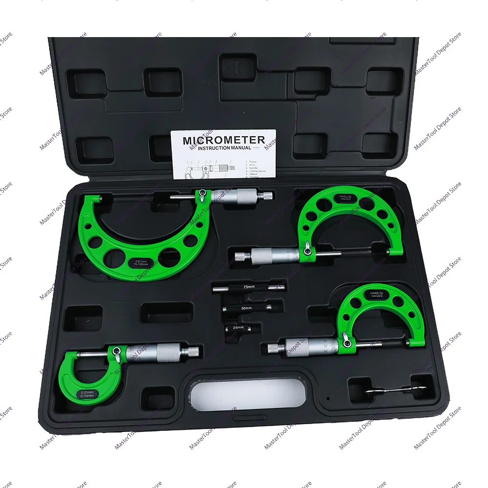 0-100mm OD Micrometer Set of Four with 4 OD Micrometers, Green Plastic Box, Micrometer Counter Thickness Measurement Tool