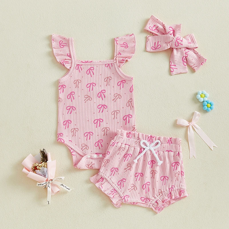 Set pagliaccetto floreale per bambina con maniche svolazzanti, elastico in vita, pantaloncini con volant e fascia abbinata - Estate 3 pezzi