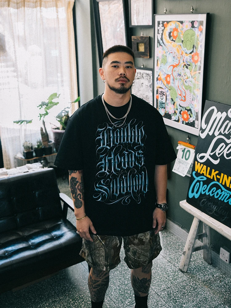 Double-Headed Swallow Tattooist White Ink Direct Spray Rock Street West Coast Hard Core Motorcycle Letter T-Shirt Unisex Casu...