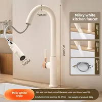 Cream Wooden Handle All Copper Faucet - Pull-Out Hot & Cold Kitchen Sink Faucet Retractable Rotating Mixer Tap w/Spray Function