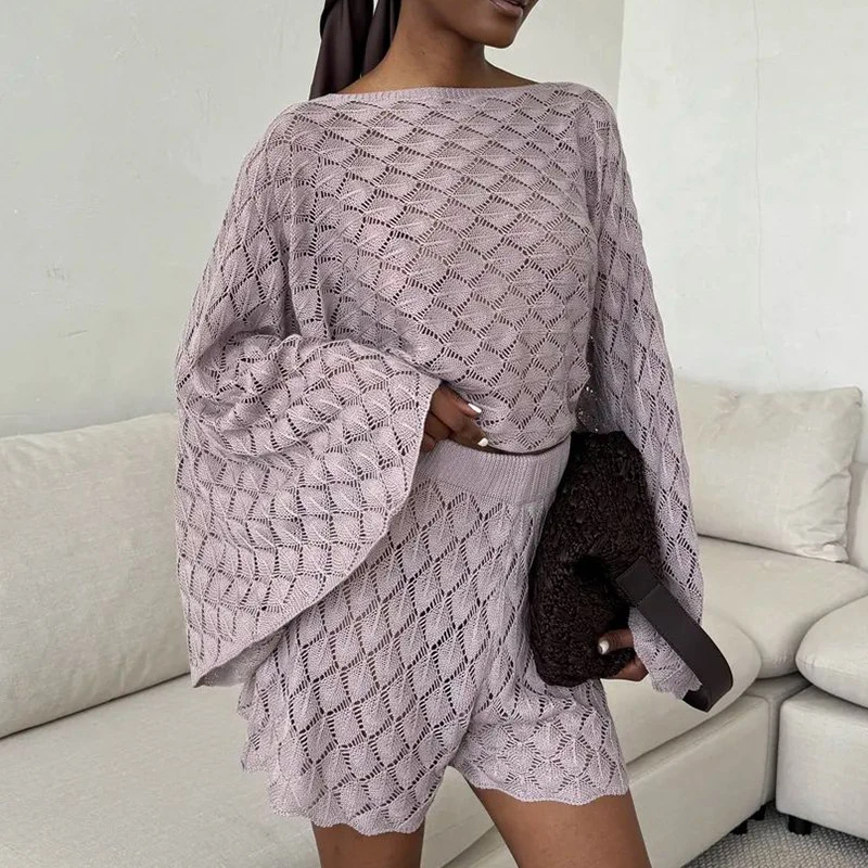 

Women High Waist Shorts Two Piece Sets Fashion O-neck Knitted Tops&Pants Sets Spring Summer New Flare Sleeve Loose Commute Sets
