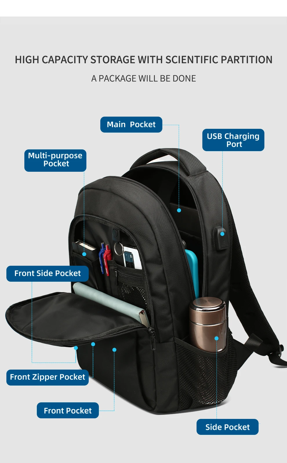 Heroic Knight Multifunktionaler Herren-Rucksack, passend für 15,6-Zoll-Laptops, modischer wasserdichter Schulrucksack, USB-Anti-Diebstahl-Reisetasche für Herren – Detail 8