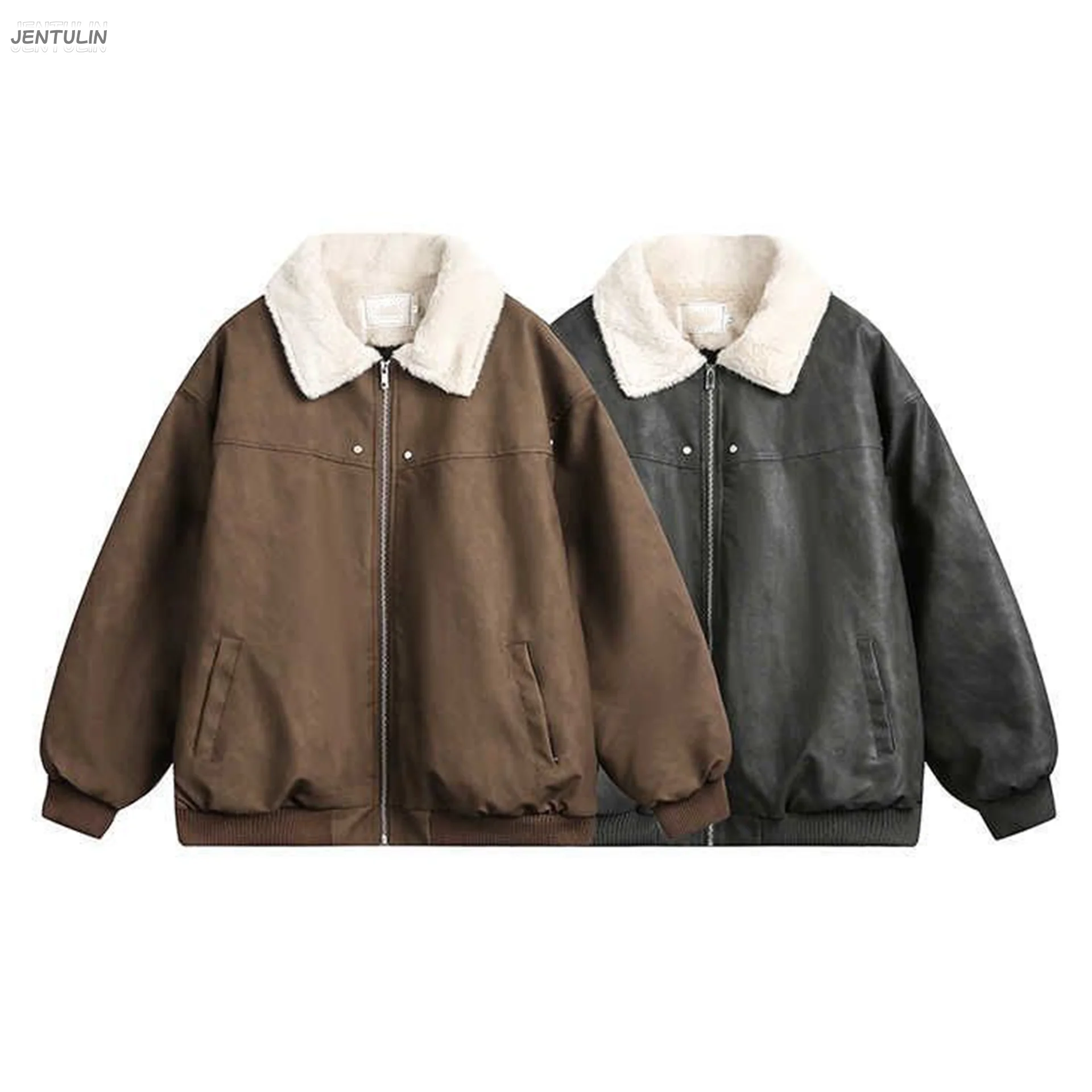 Faux Leather Bomber Jacket Shearling Lapel Collar Zip Up Warm Winter Oversized Streetwear Rib Hem Casual Outer Coat Men Woman