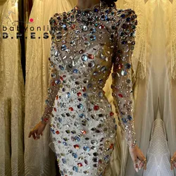 BABYONLINE Glitter Prom Dress Sparking Embellished Colorful Stones High-neck Beading Fully Beading Long Sleeve Formal Dress