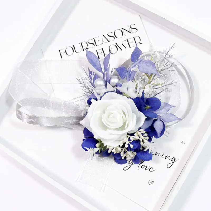 Branco e azul negócio celebração boutonniere e pulso corsag, flor simulação floral, suprimentos do casamento para convidados, 477