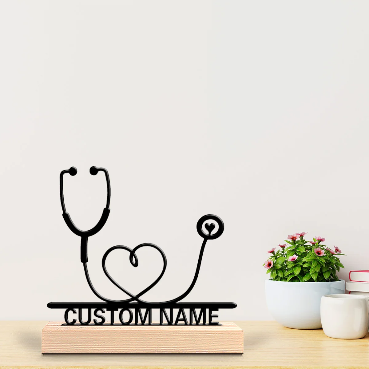 1Pc Custom Stethoscope Wooden Base Metal Ornament,Home Room Desktop Decor,Ideal Birthday Wedding Graduation Festive Gift