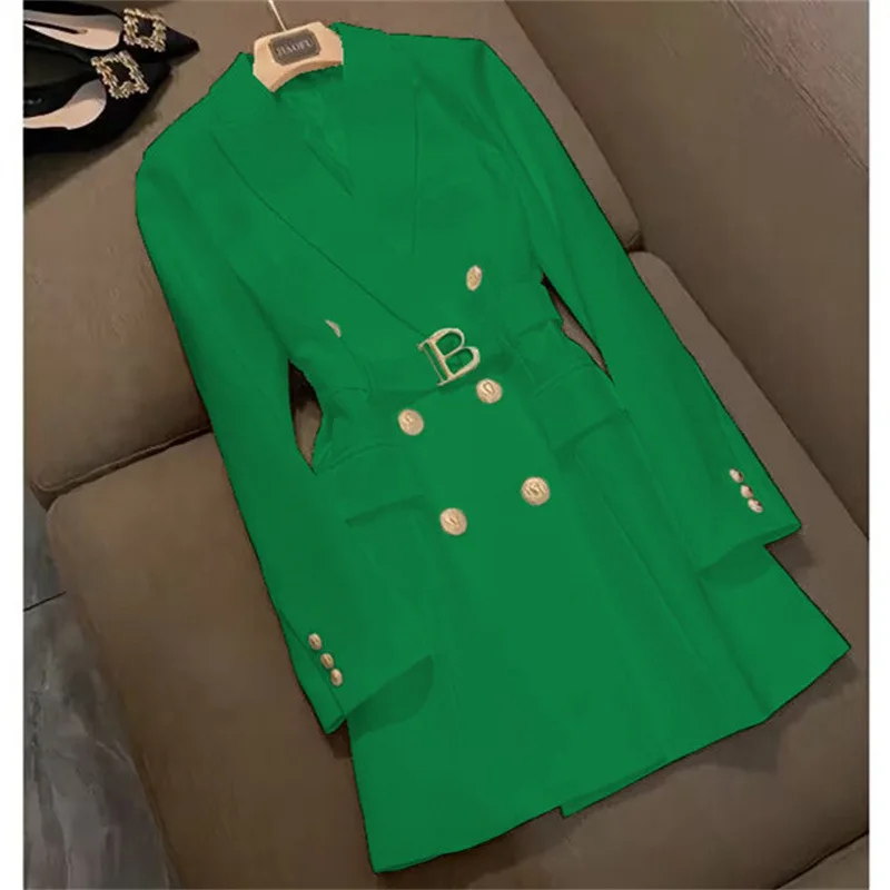 

Elegant British Style Women's Long Suit Jacket Mid-Length Single Button Spring Autumn Fashionable Trench Coat Polyester