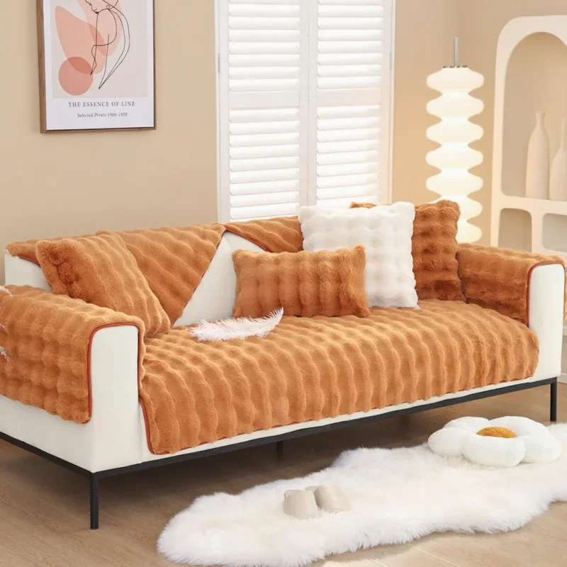 1pc Thick bubble velvet anti slip segmented sofa towel L-shaped winter warm ultra soft plush sofa cover skin friendly