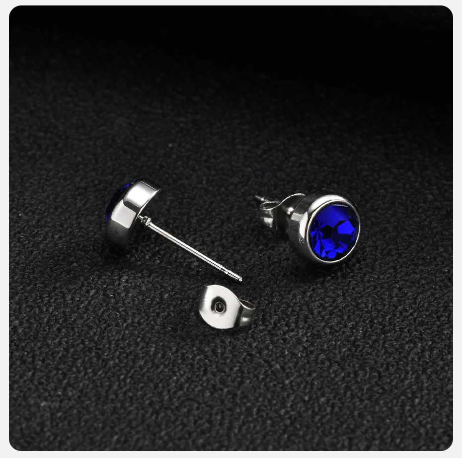 Vnox Herren-Ohrstecker mit rundem Zirkonia-Einsatz, 8 mm, aus Edelstahl, mit blauem, klarem Zirkonia, hypoallergener Piercingschmuck. – Detail 6