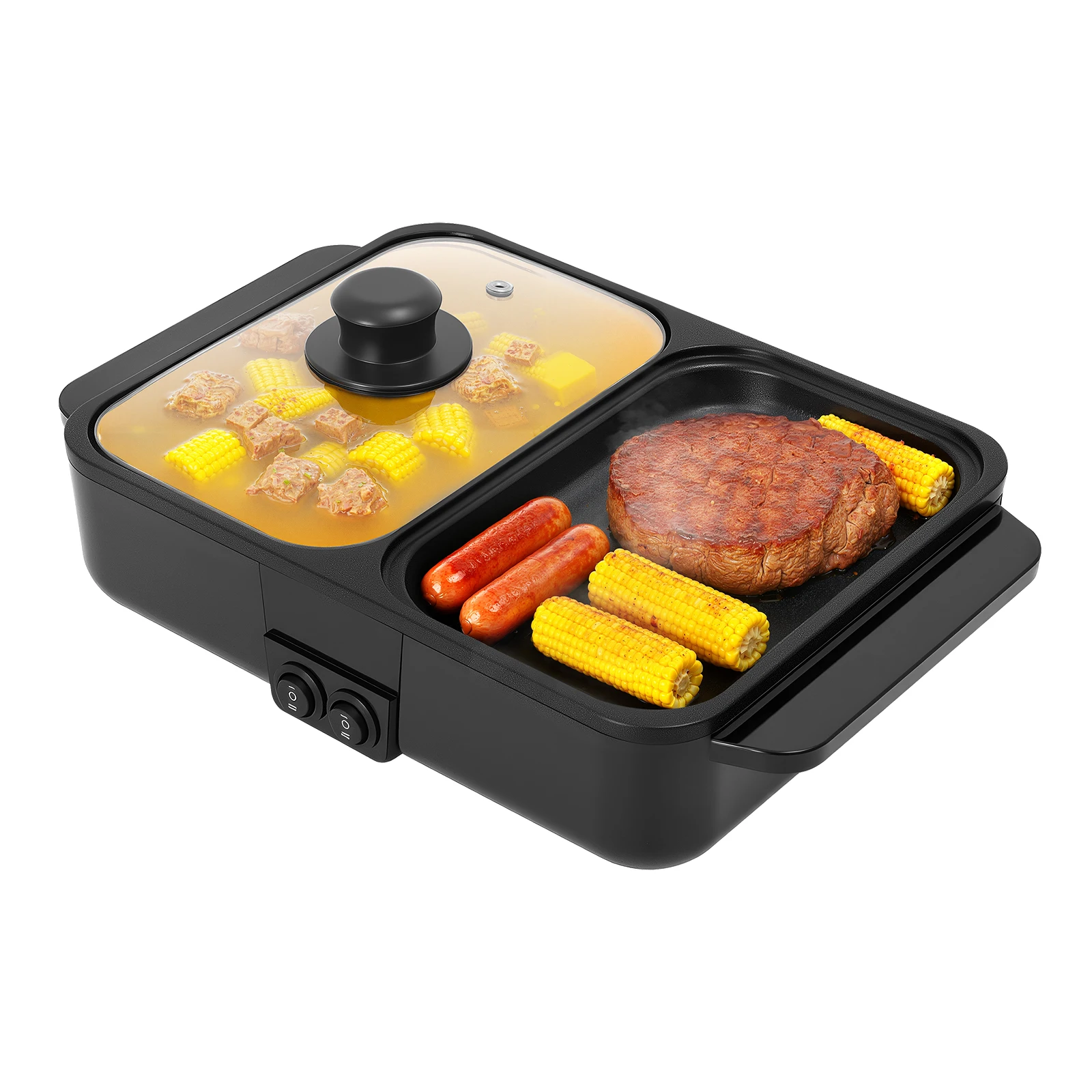 110V US Plug 2 in 1 Electric Hot Pot & Grill Pan Dual Independent Temperature Control Non-Stick Coating 1200W Tabletop Shabu Shabu BBQ Cooker