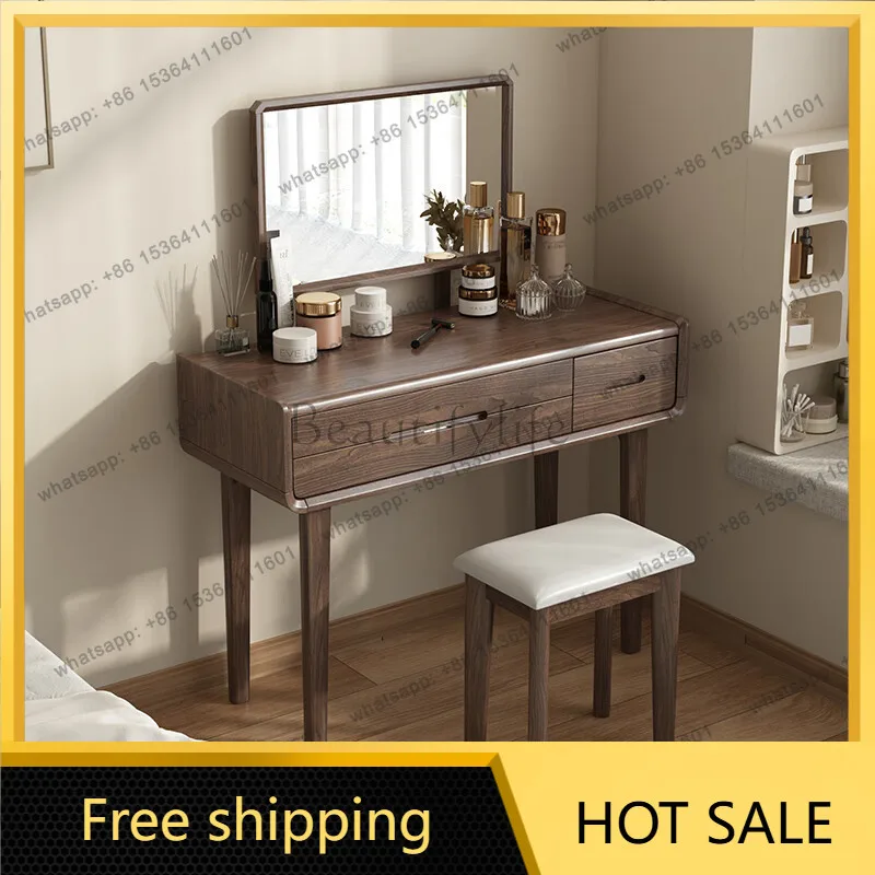 YJ Nordic Minimalist Solid Wood Dressing Table Walnut Color Luxury Small Vanity Desk For Bedroom Home